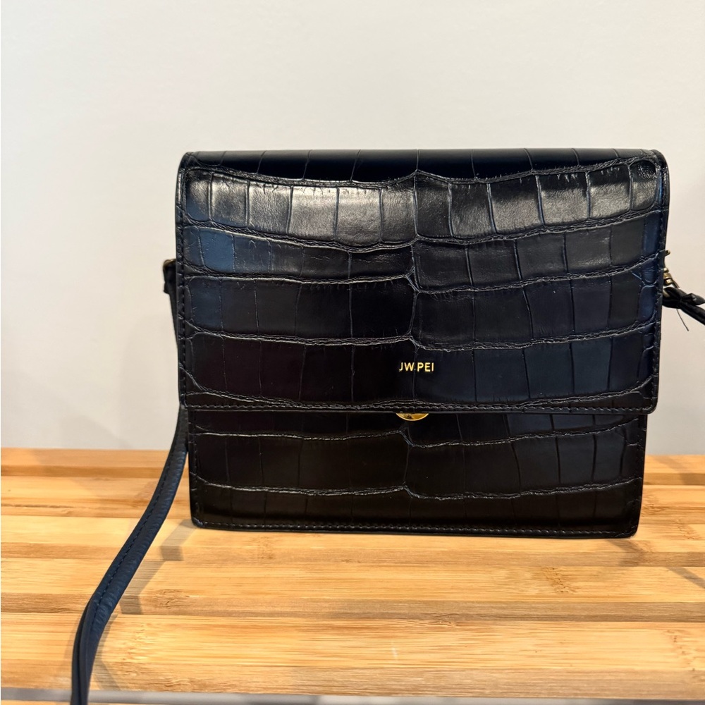 JW PEI Black Croc-Embossed Shoulder Bag